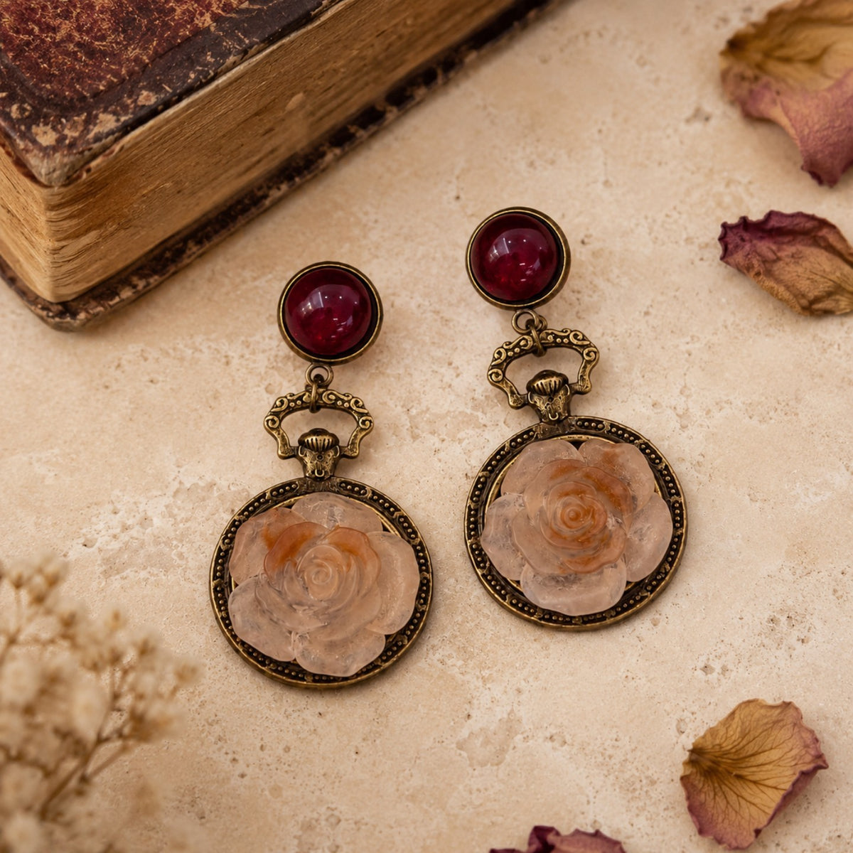 Vintage Red Bead Rose Drop Earrings