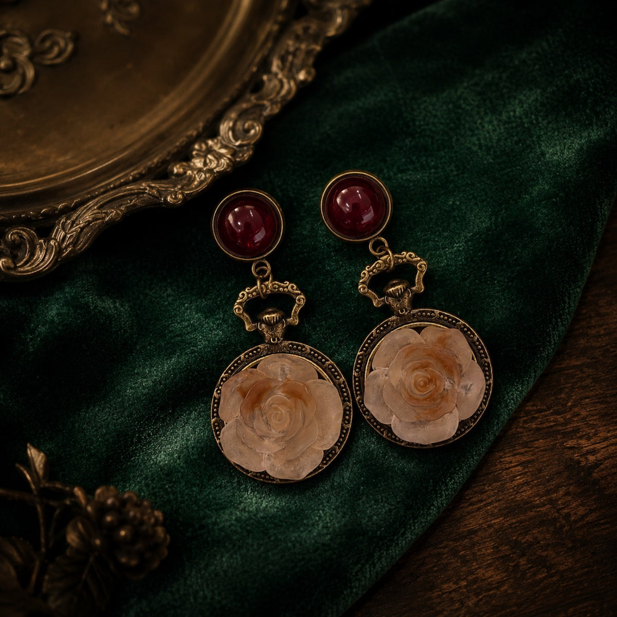 Vintage Red Bead Rose Drop Earrings