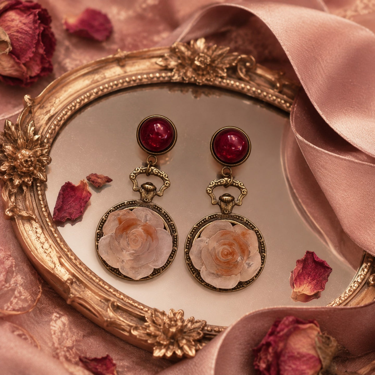 Vintage Red Bead Rose Drop Earrings