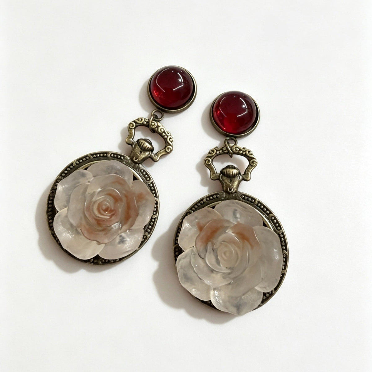 Vintage Red Bead Rose Drop Earrings