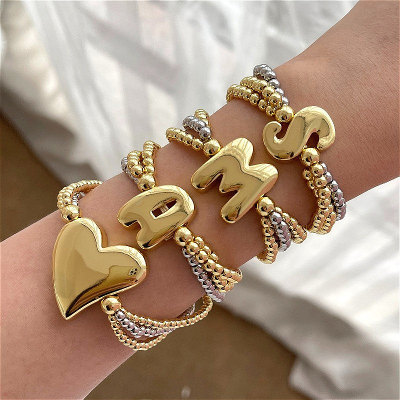 Boho Chunky Heart Letter Bracelet Set