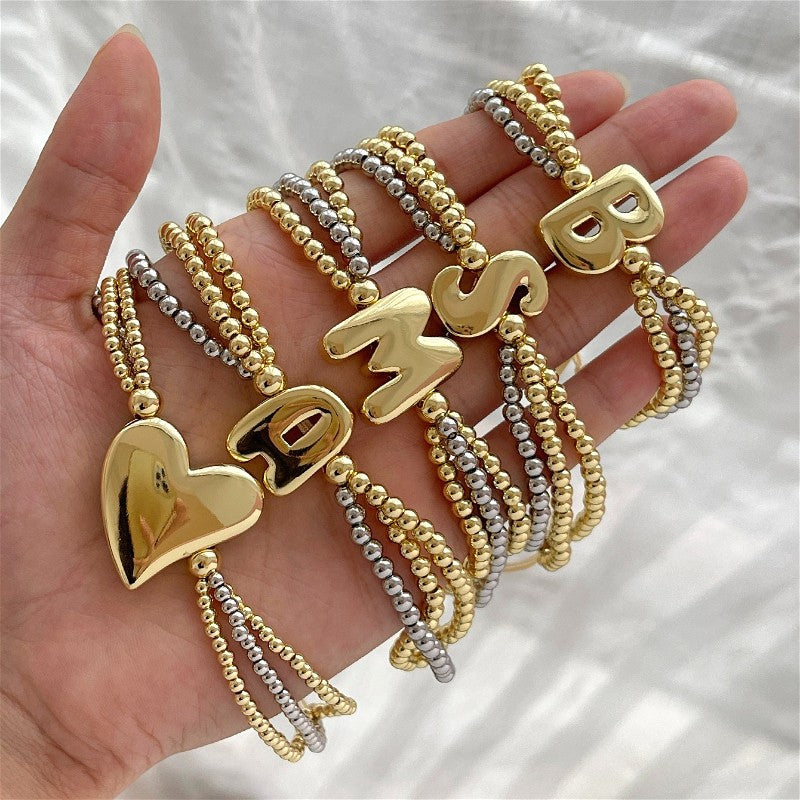 Boho Chunky Heart Letter Bracelet Set
