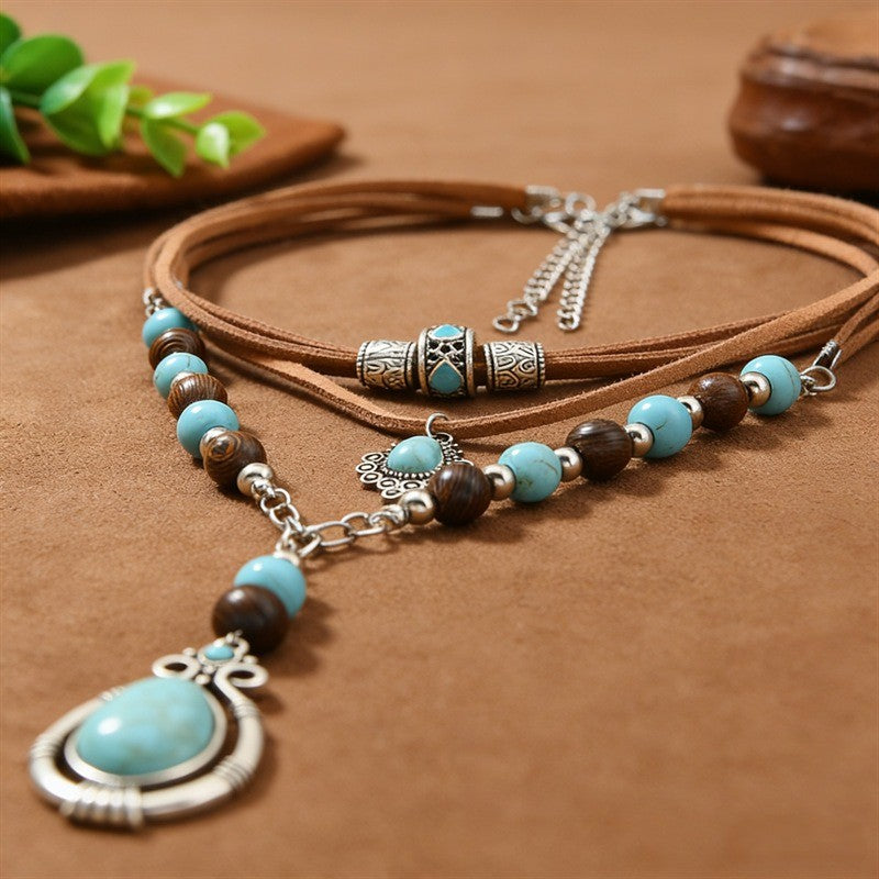 Boho Turquoise Layered Leather Necklace