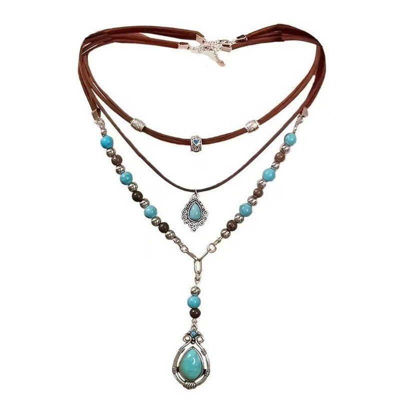 Boho Turquoise Layered Leather Necklace