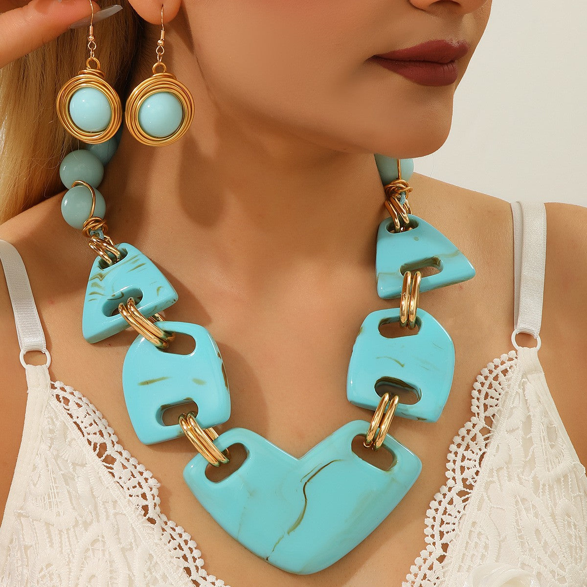 18k Boho Amber Resin Necklace & Earring Set