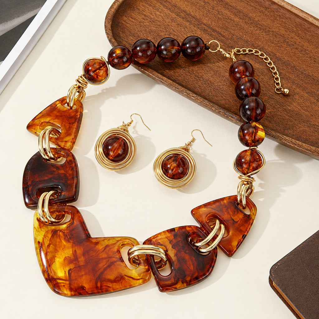 18k Boho Amber Resin Necklace & Earring Set
