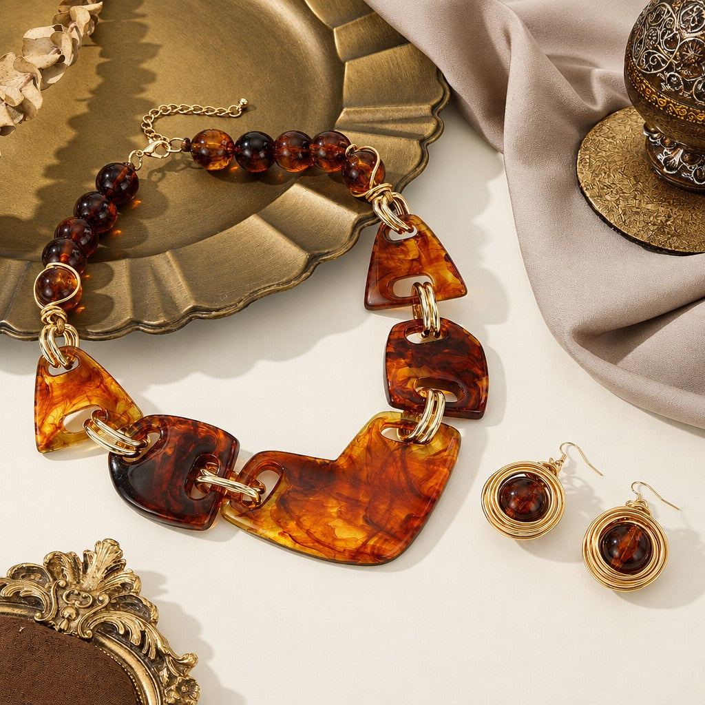 18k Boho Amber Resin Necklace & Earring Set