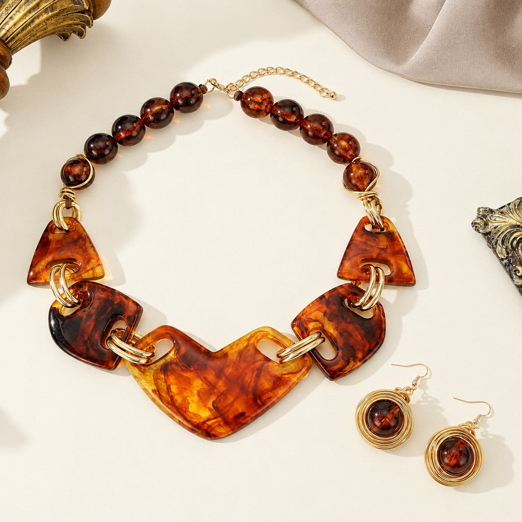 18k Boho Amber Resin Necklace & Earring Set
