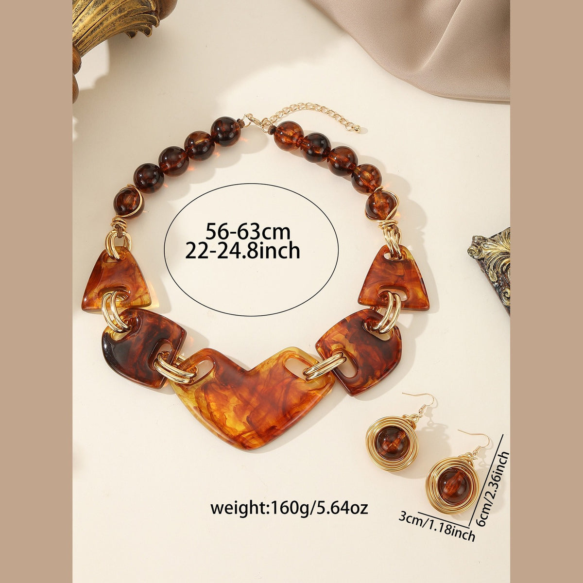 18k Boho Amber Resin Necklace & Earring Set