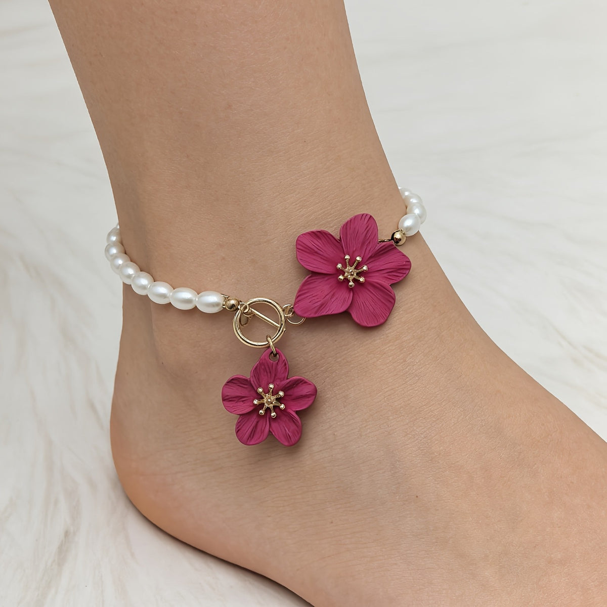 Romantic Red Flower Pearl Anklet