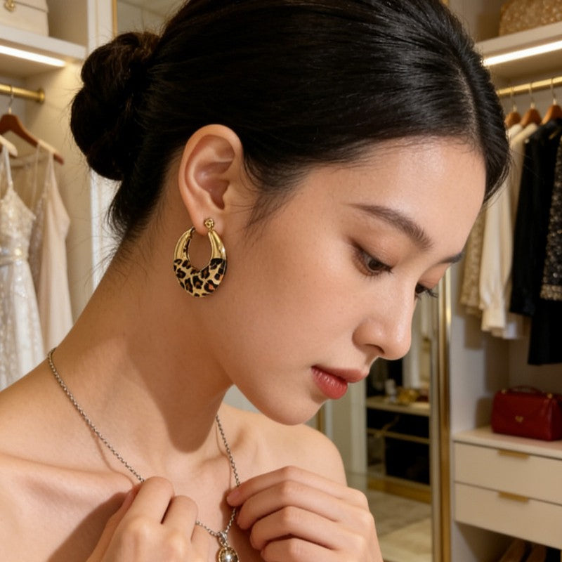 Leopard Print Textured Open Hoop Earrings