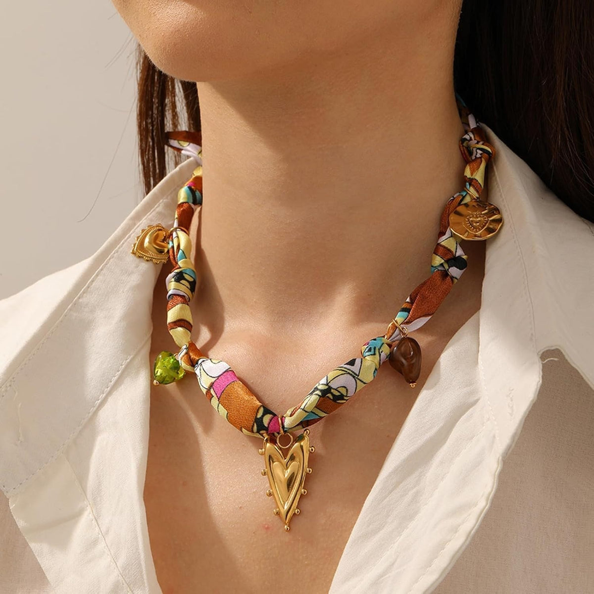 Boho Printed Scarf Heart Necklace