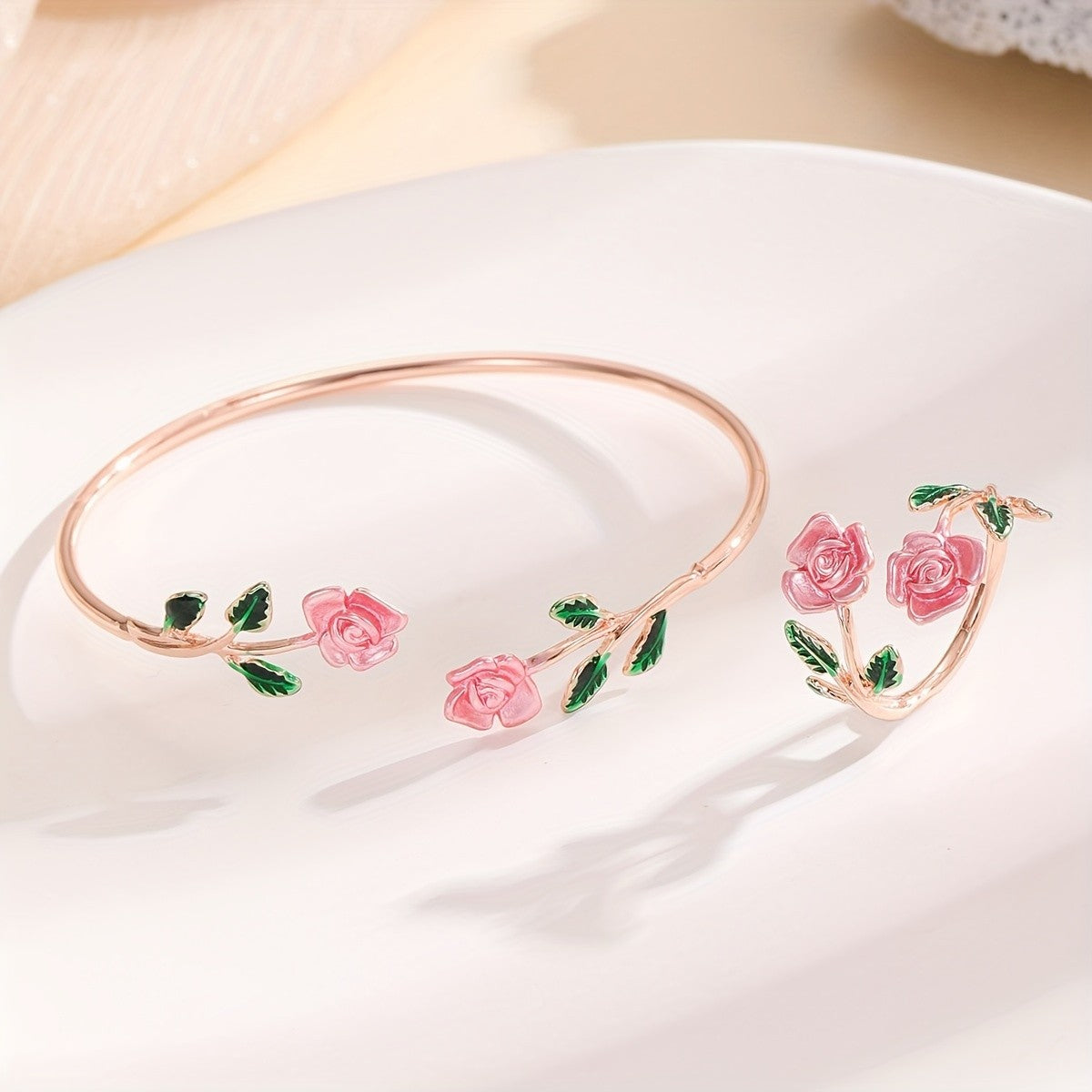 Romantic Pink Rose Flower Bracelet Ring Set