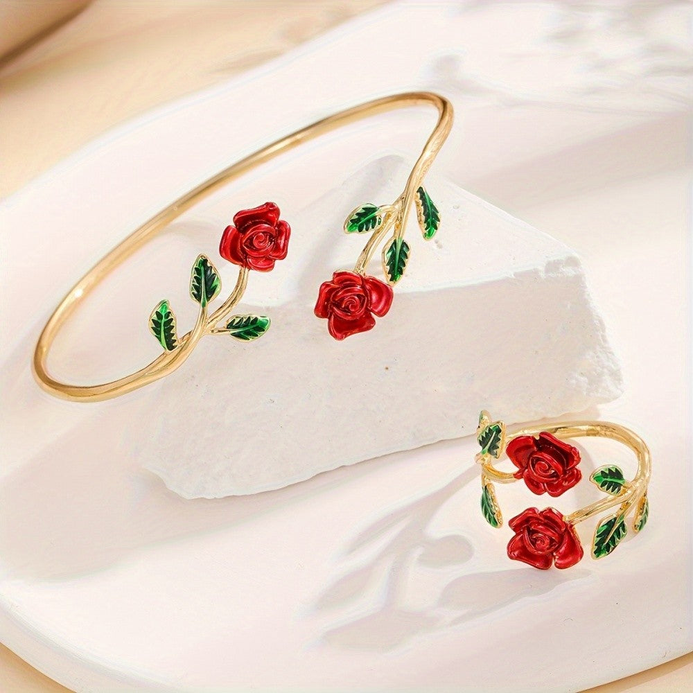 Romantic Pink Rose Flower Bracelet Ring Set