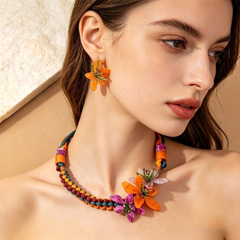 Boho Woven Floral Necklace & Earring Set