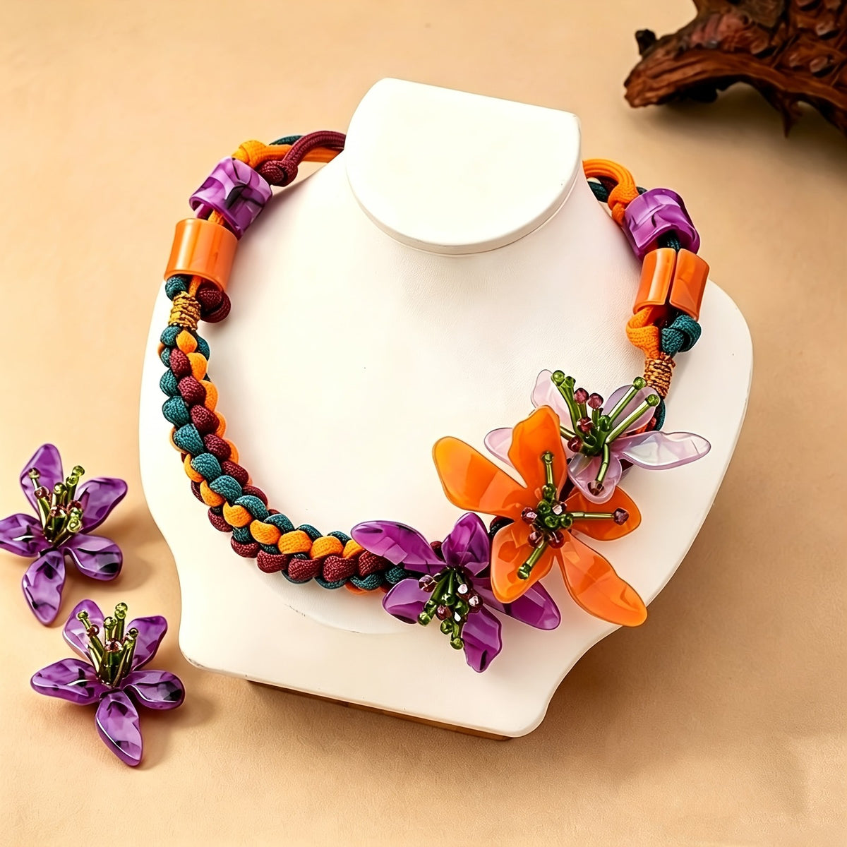 Boho Woven Floral Necklace & Earring Set