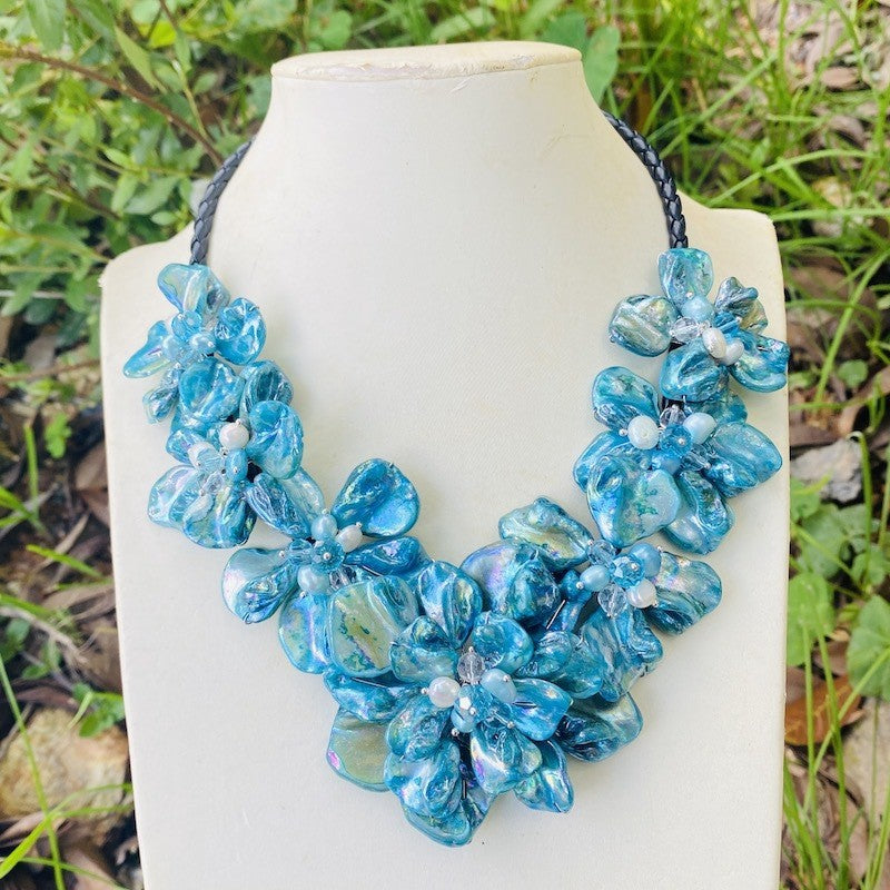 Romantic Blue Glass Flower Statement Necklace