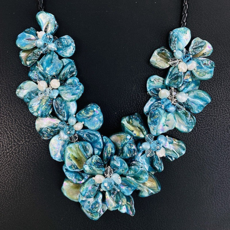 Romantic Blue Glass Flower Statement Necklace