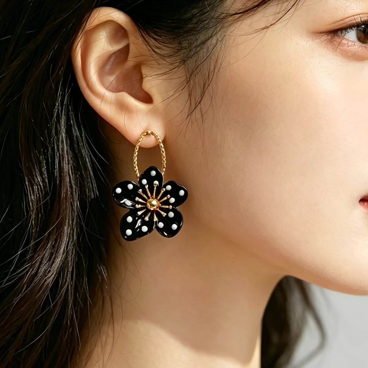 Vintage Black Polka Dot Flower Earrings