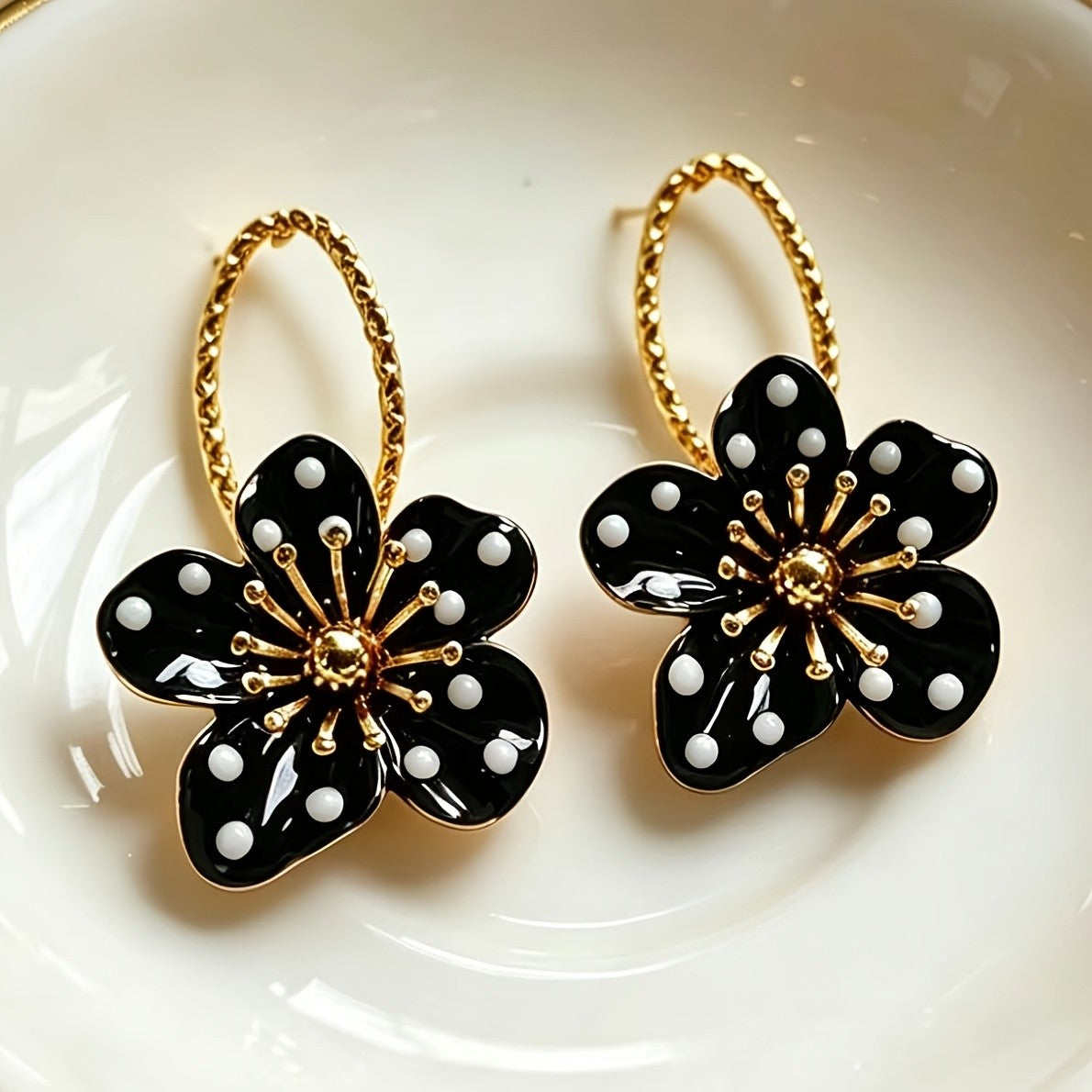 Vintage Black Polka Dot Flower Earrings