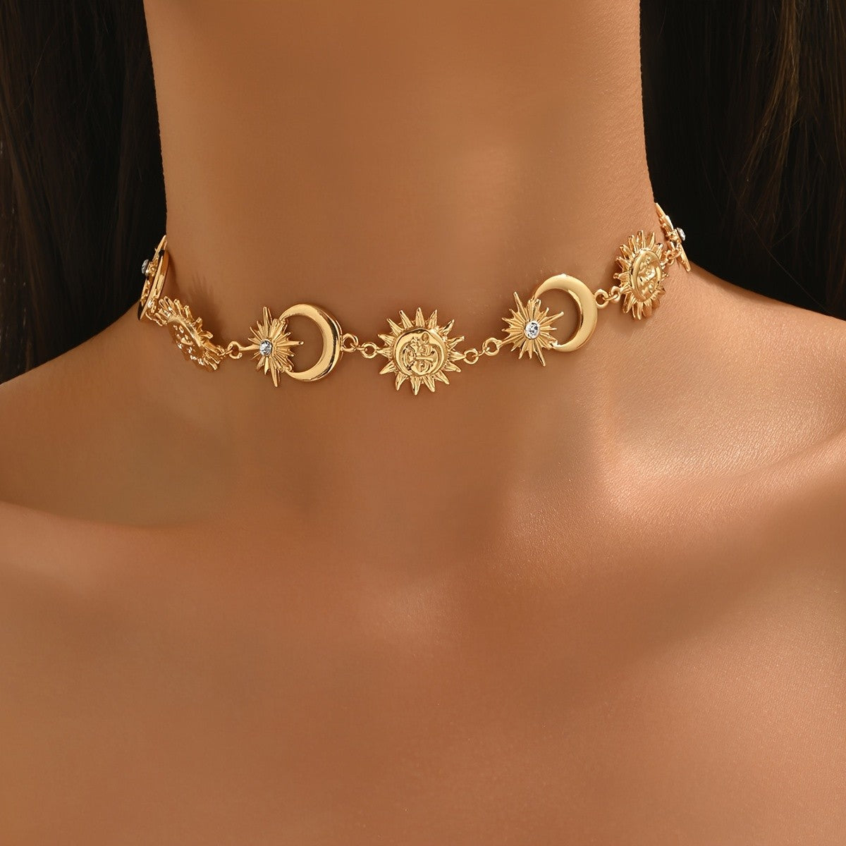 Elegant Sun Moon Star Choker Necklace