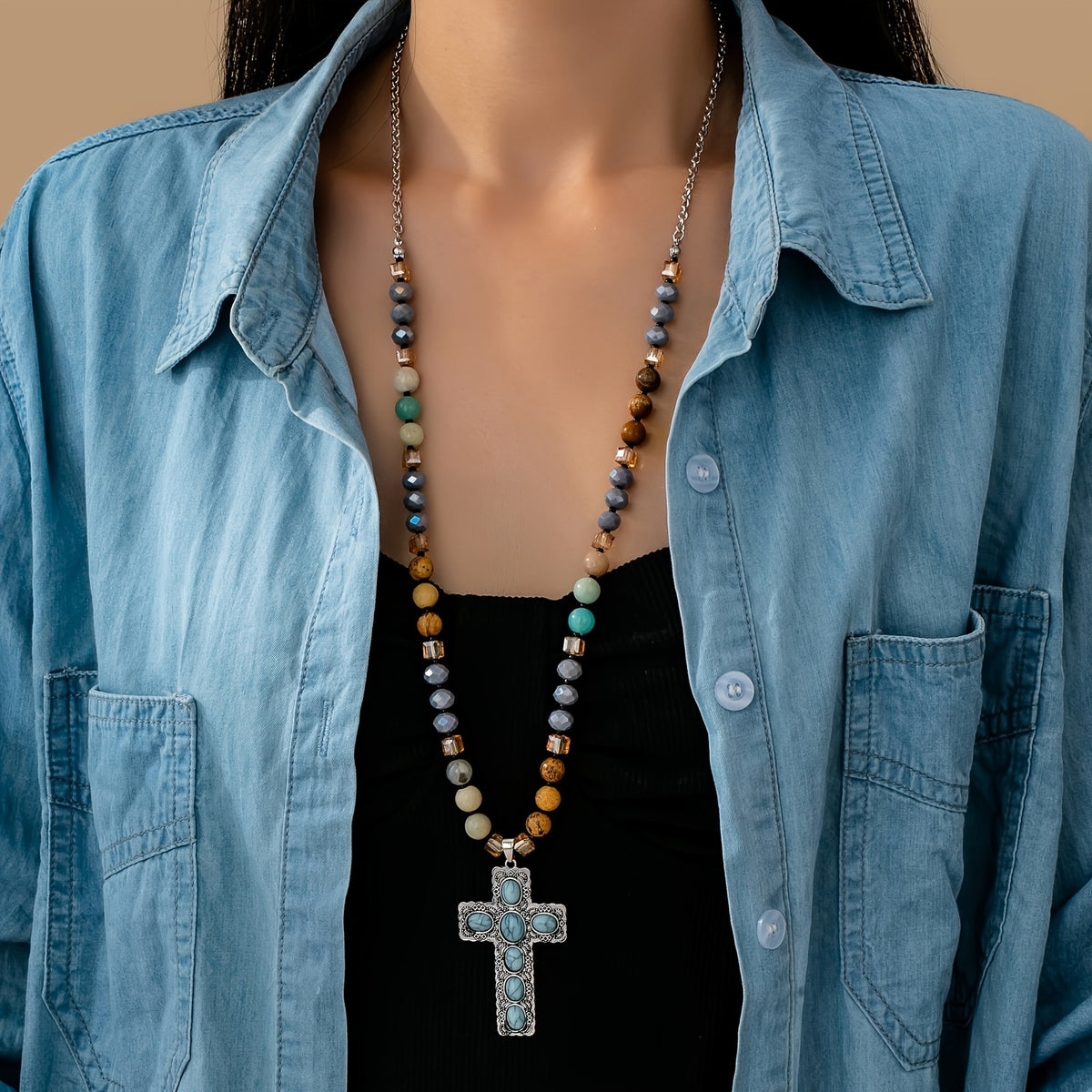 Boho Turquoise Cross Bead Necklace