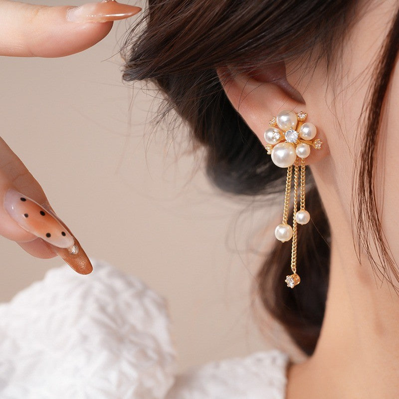 Elegant Faux Pearl Flower Tassel Earrings