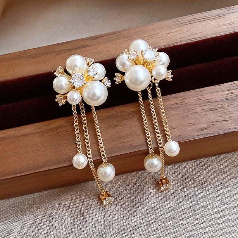 Elegant Faux Pearl Flower Tassel Earrings