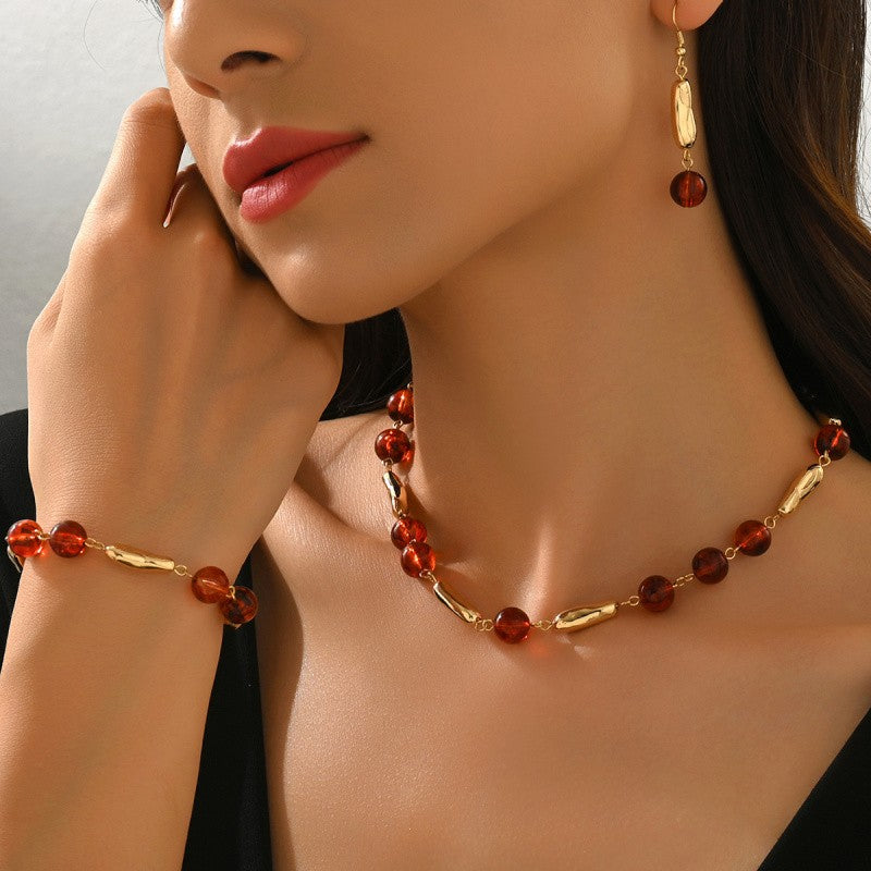 14k Vintage Amber Bead Necklace, Bracelet & Earring Set
