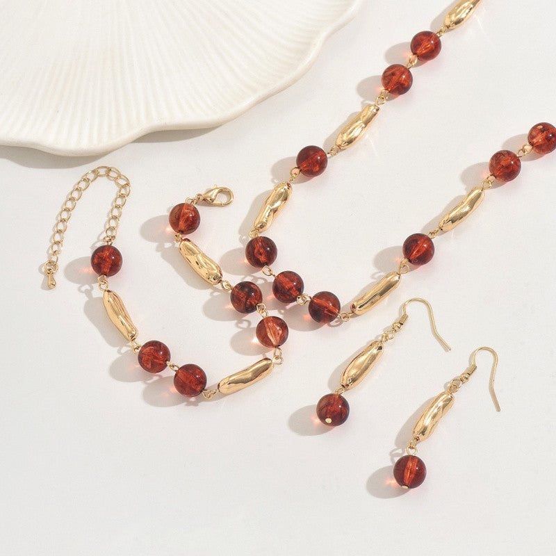 14k Vintage Amber Bead Necklace, Bracelet & Earring Set