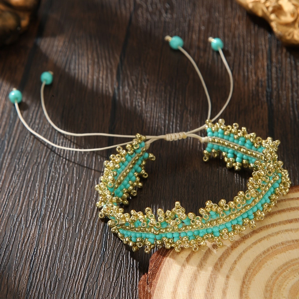 Boho Turquoise Lace-Edge Seed Bead Bracelet