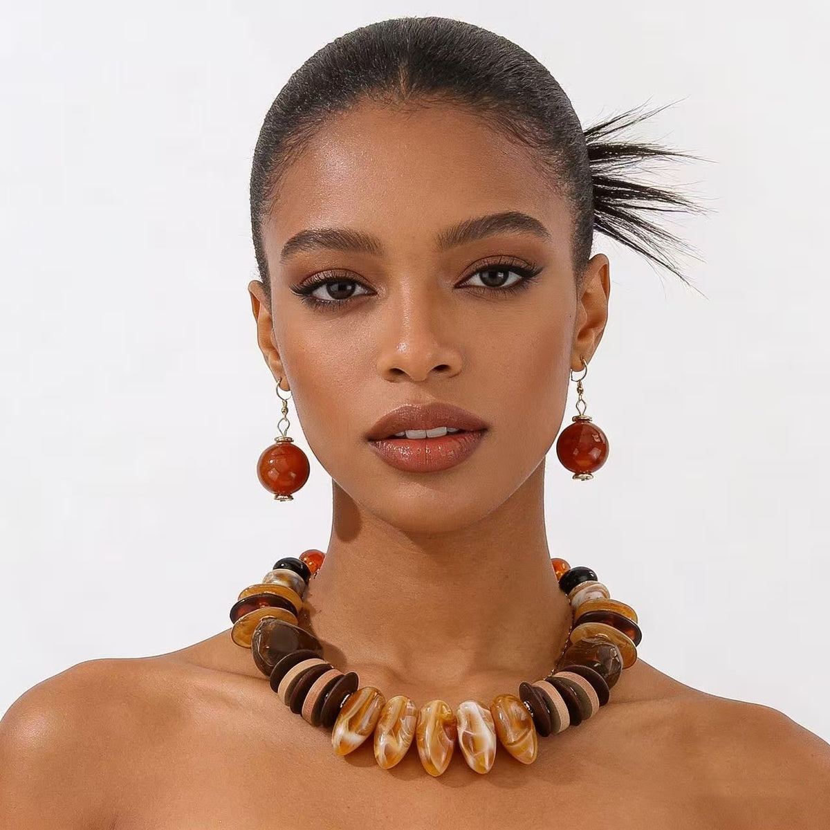 Boho Vintage Resin Wood Chip Necklace & Earring Set