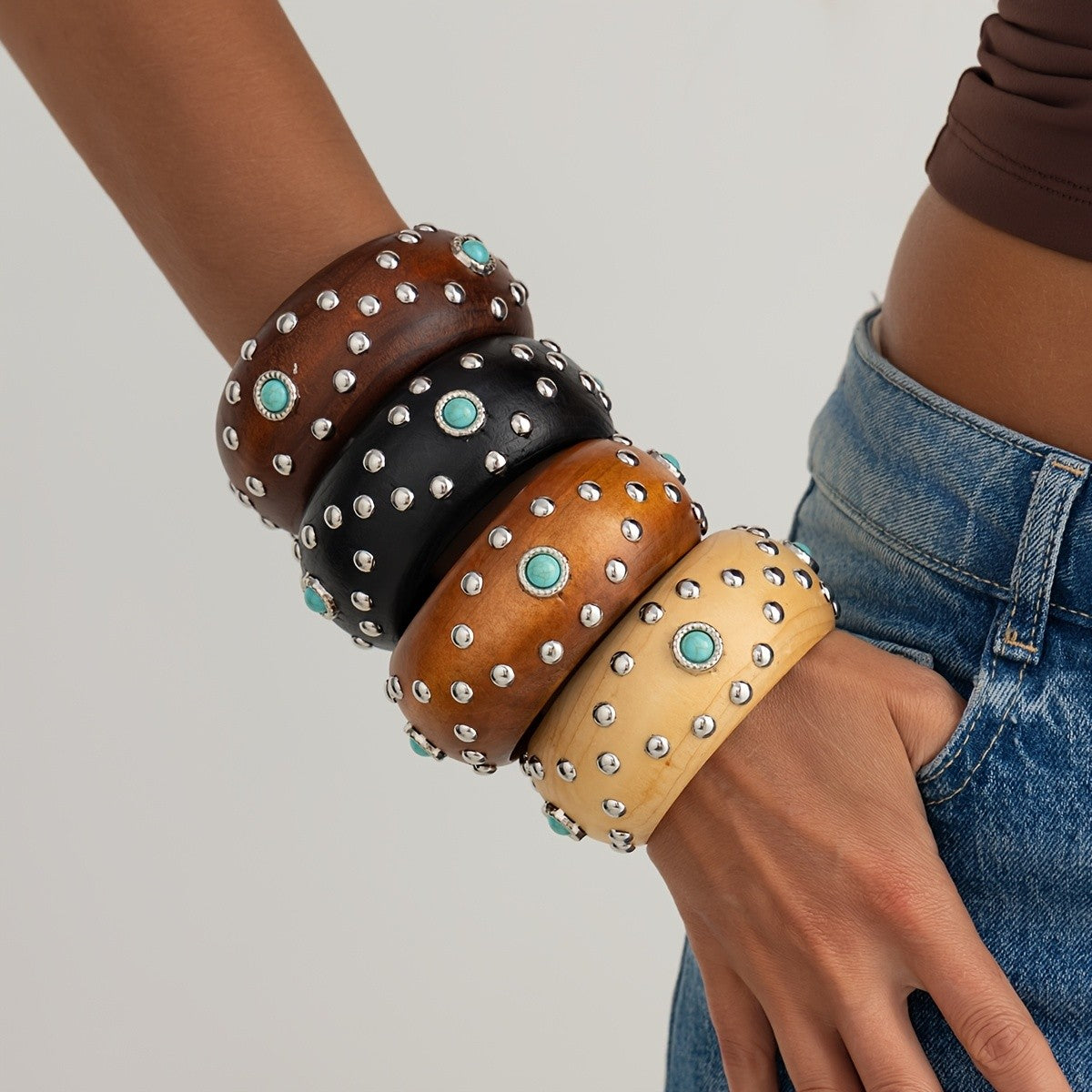 Boho Wood Turquoise Cuff Bracelet