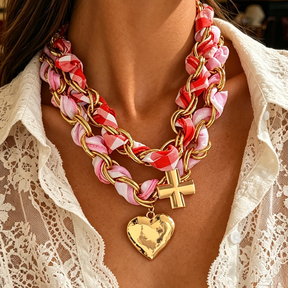 Boho Pink Scarf Wrapped Chain Necklace
