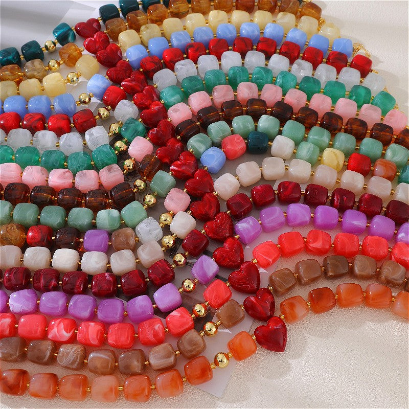 18k Boho Resin Heart Beaded Necklace
