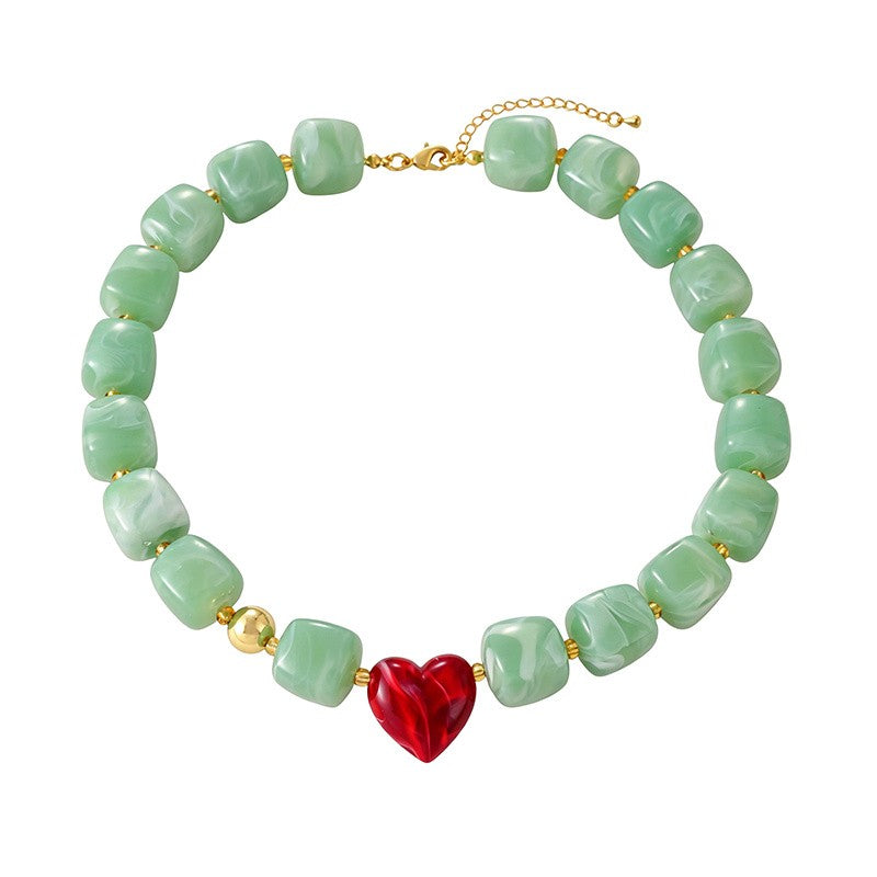18k Boho Resin Heart Beaded Necklace