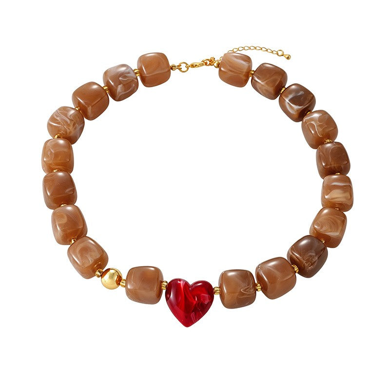 18k Boho Resin Heart Beaded Necklace