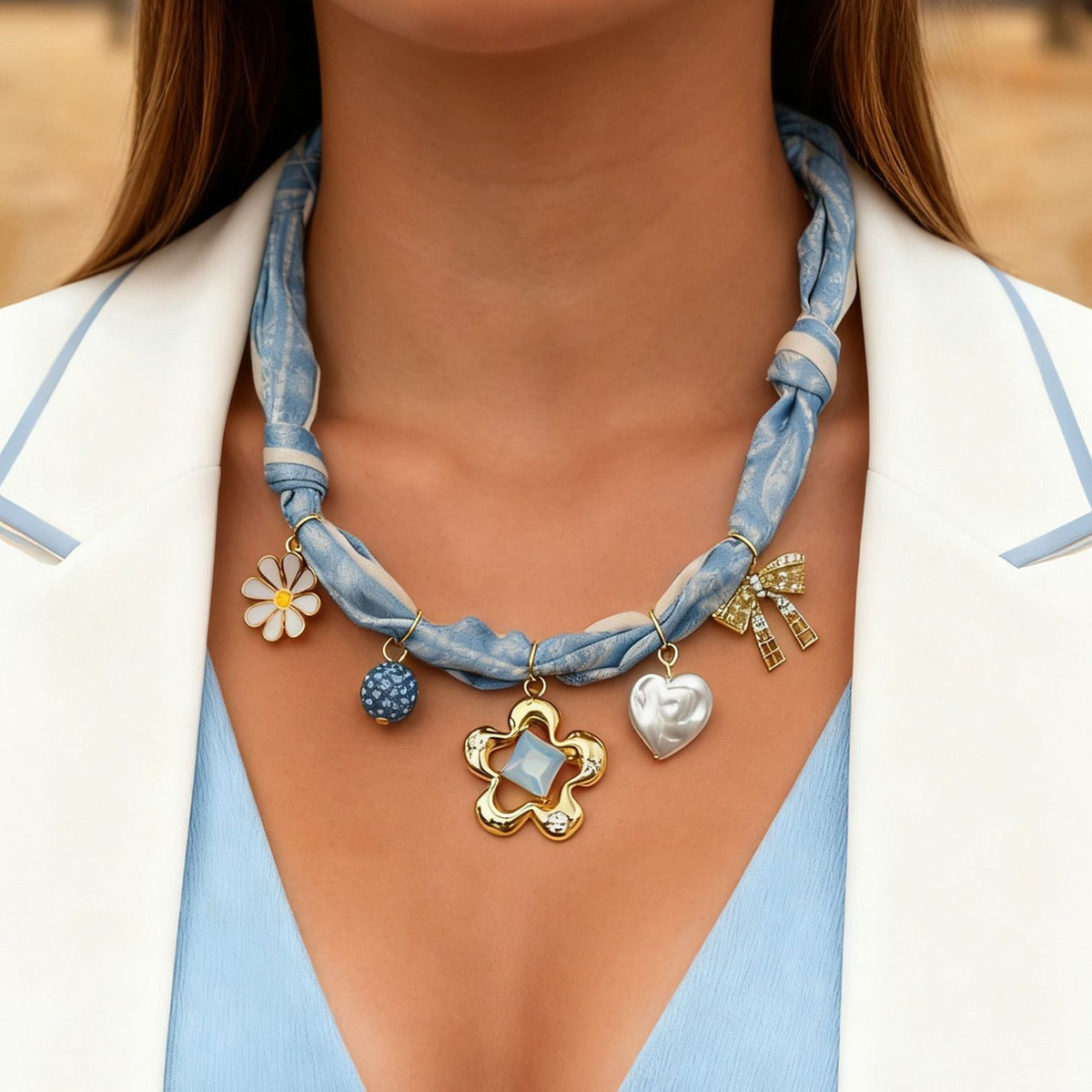 Boho Blue Scarf Charm Necklace