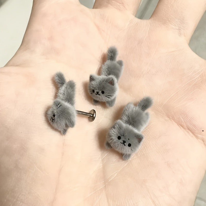 Dainty Fluffy Gray Cat Earrings