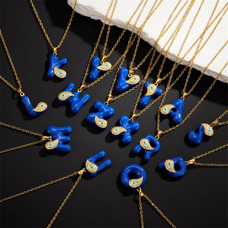 14k Boho Blue Initial Evil Eye Necklace