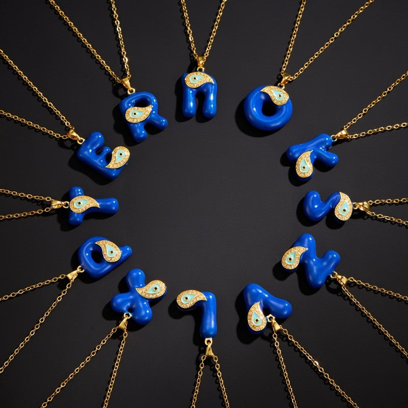 14k Boho Blue Initial Evil Eye Necklace