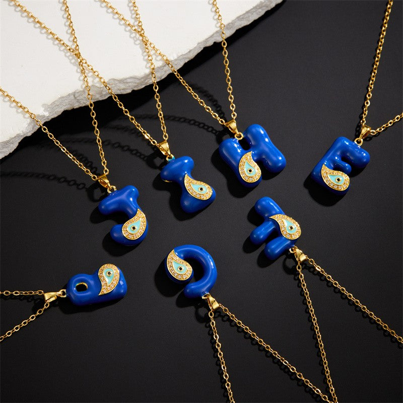 14k Boho Blue Initial Evil Eye Necklace