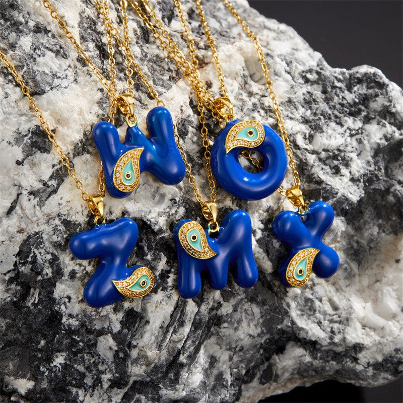 14k Boho Blue Initial Evil Eye Necklace
