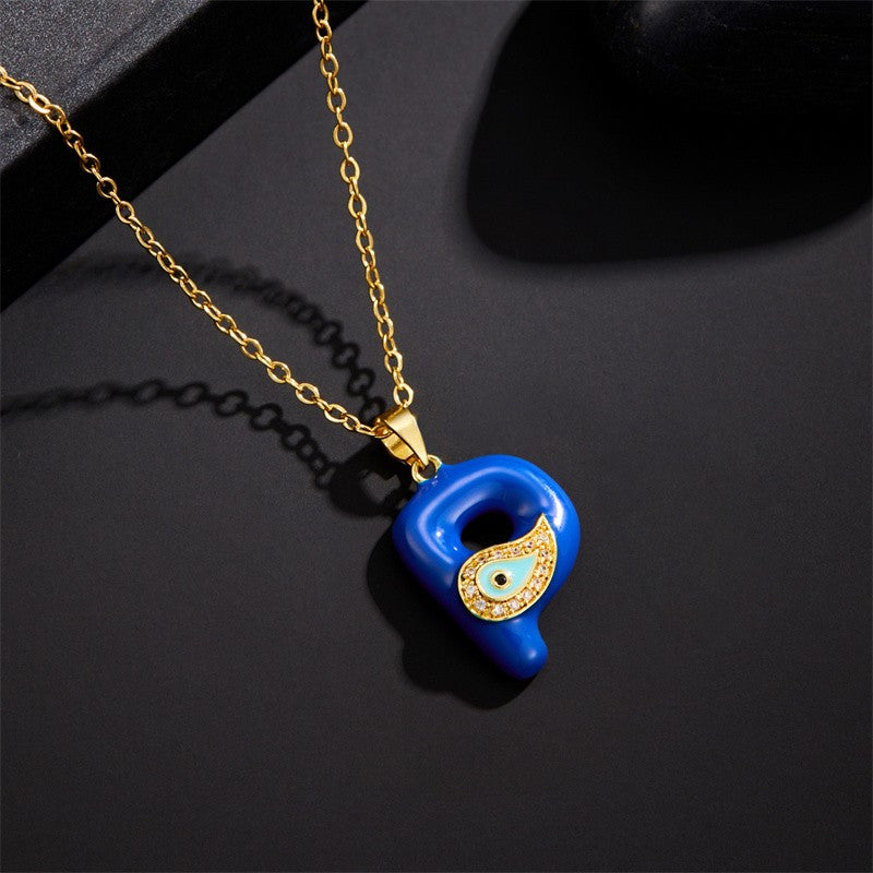 14k Boho Blue Initial Evil Eye Necklace