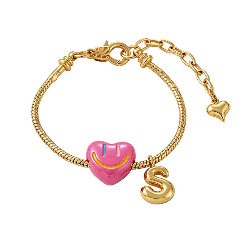 18k Boho Smiley Heart Initial Bracelet Set