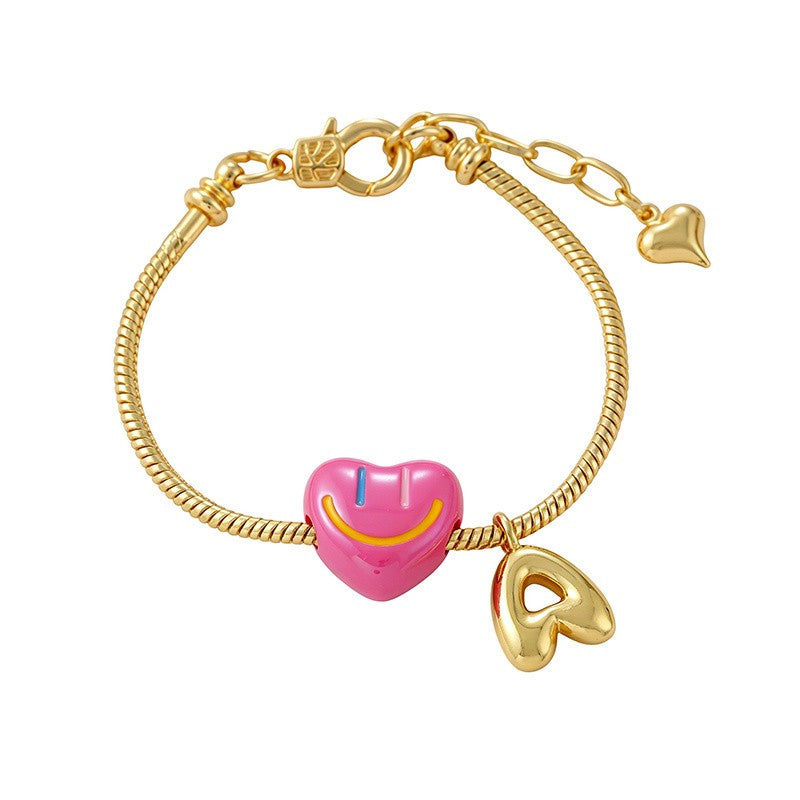 18k Boho Smiley Heart Initial Bracelet Set