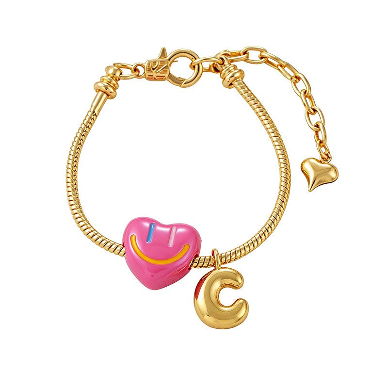 18k Boho Smiley Heart Initial Bracelet Set