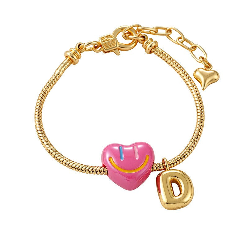 18k Boho Smiley Heart Initial Bracelet Set