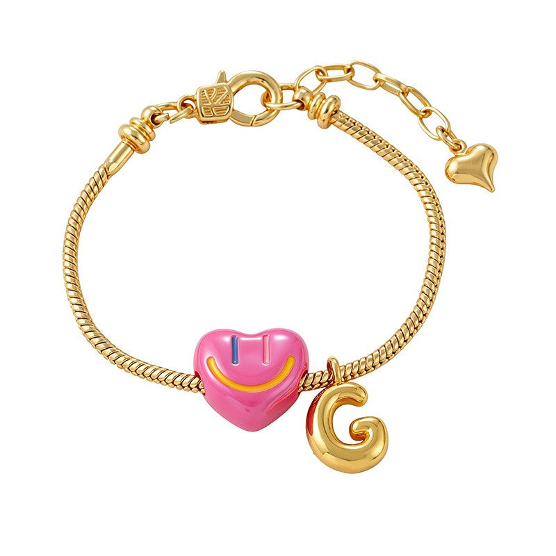 18k Boho Smiley Heart Initial Bracelet Set