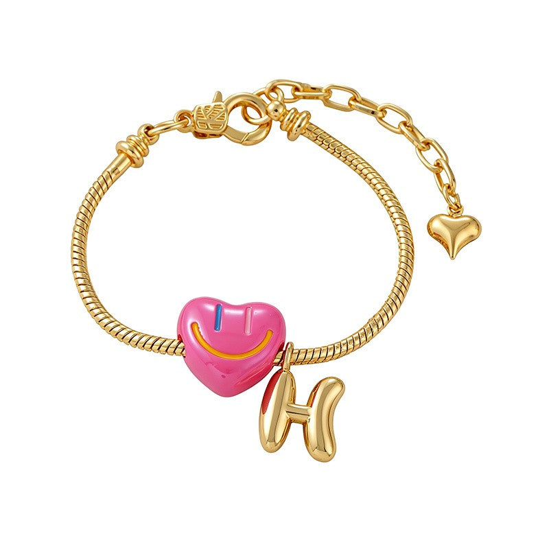 18k Boho Smiley Heart Initial Bracelet Set